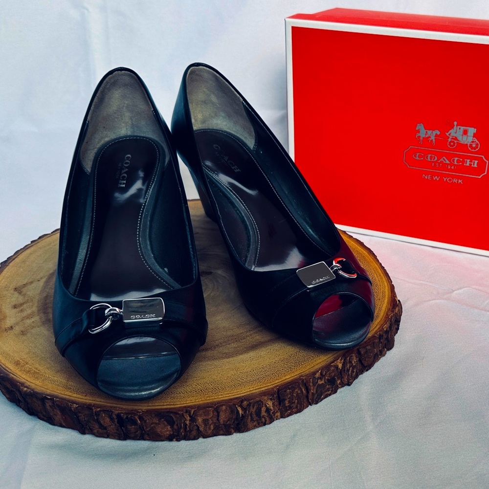 Coach Temple semi-matte calf wedges, Black, size 9.5. Worn 1 hr.